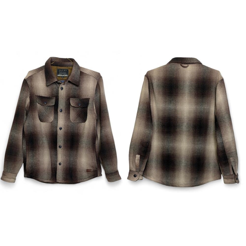 JACHS NY Plaid Wool‎ Blend Shacket Men M Brown Tan Shirt Jacket Side Pockets EUC - Picture 2 of 5